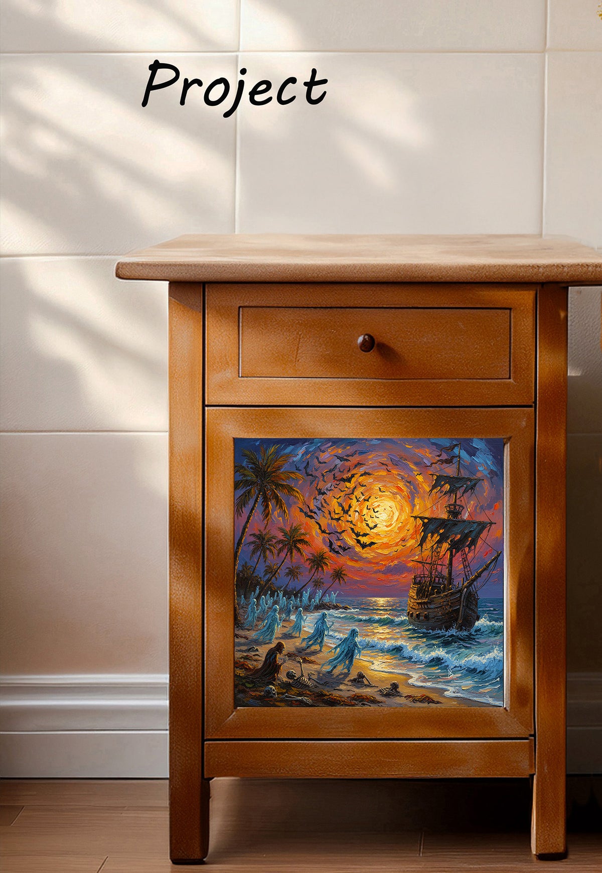Florida Keys Halloween Beach Ceramic Art Tile | Ghost Ship & Haunted Shore