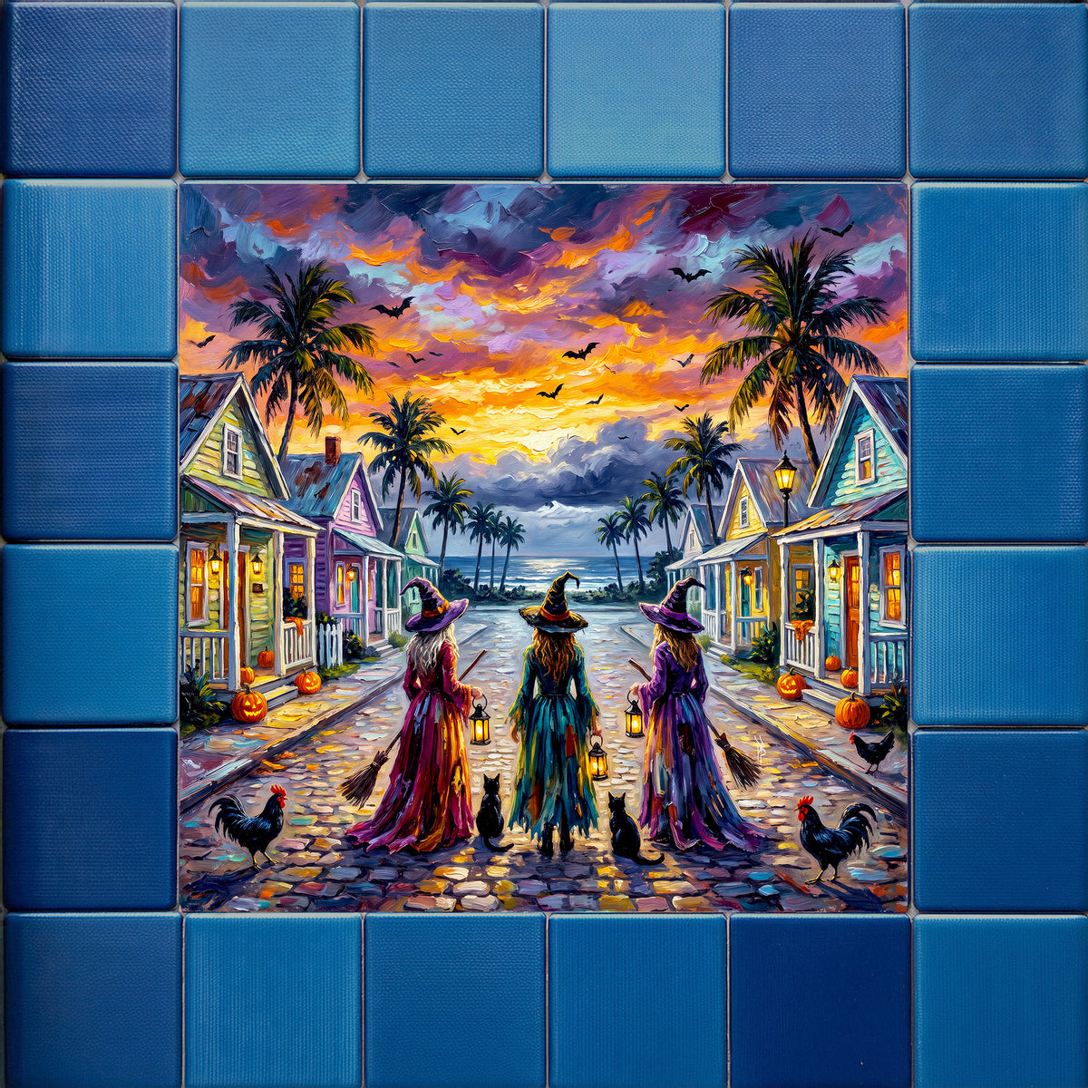 Key West Halloween Three Witches on Cobblestone Street | Ceramic Art Tile