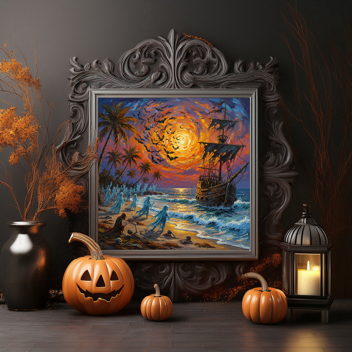 Florida Keys Halloween Beach Ceramic Art Tile | Ghost Ship & Haunted Shore