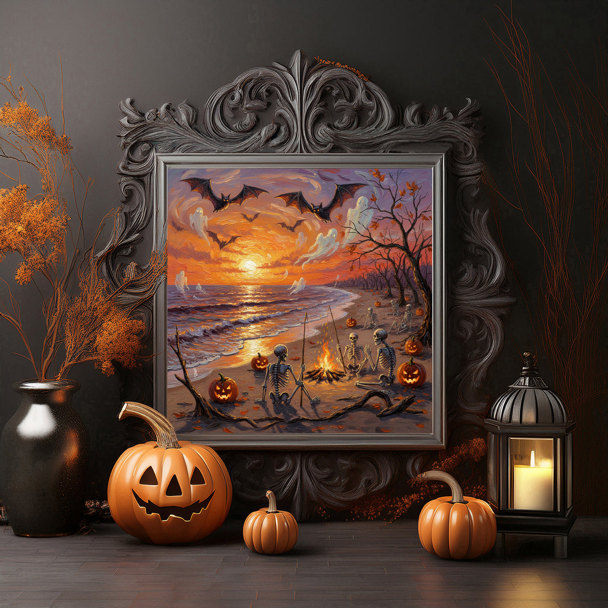 Florida Keys Halloween Skeleton Bonfire Beach Ceramic Art Tile