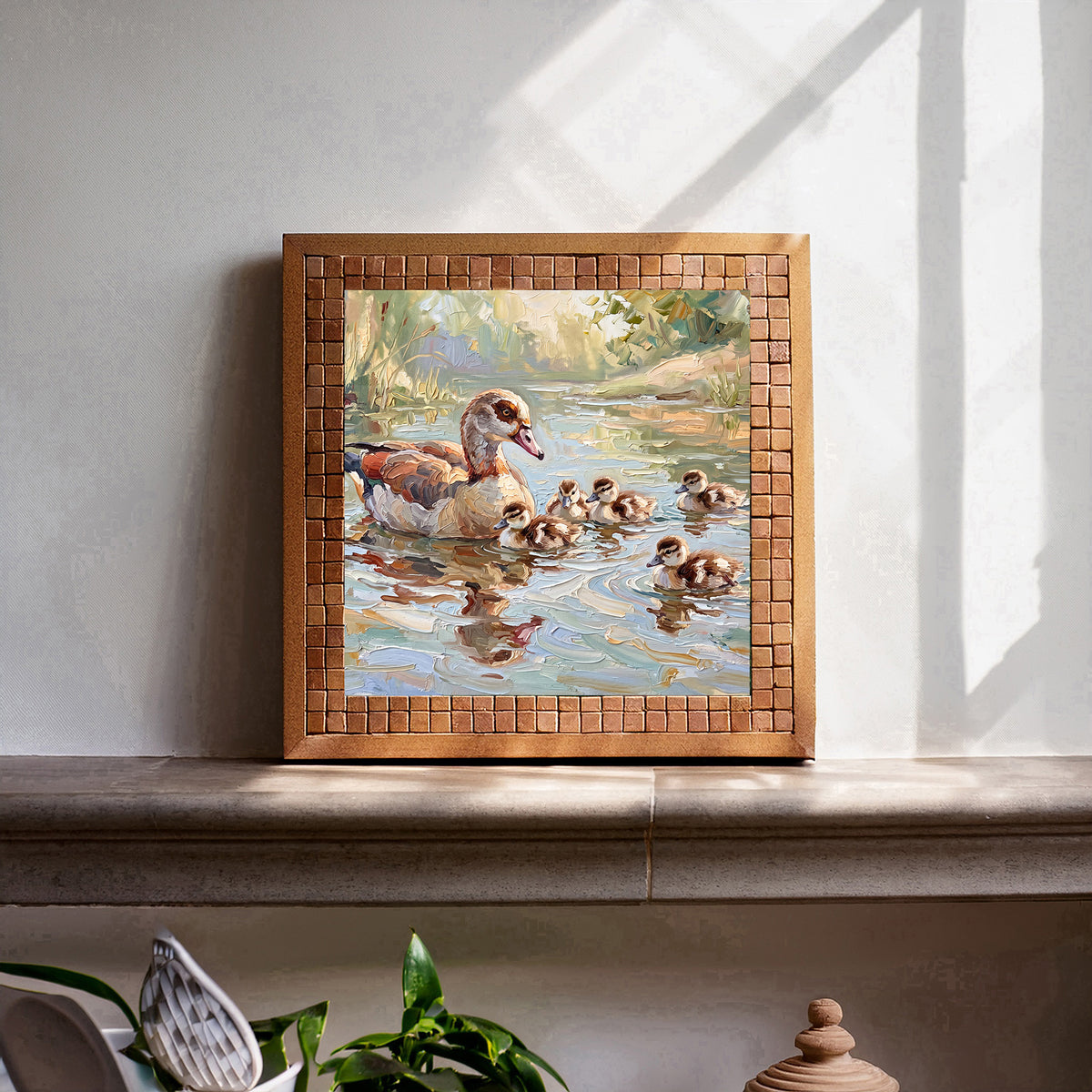 Together on the Water – Egyptian Goose & Goslings | Glossy Smooth Ceramic Art Tile