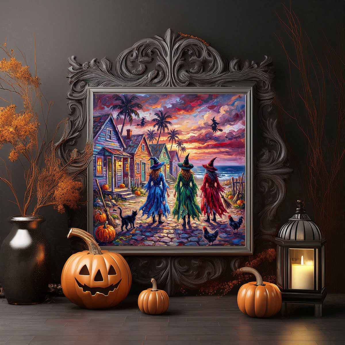 Key West Halloween Witches Stroll Ceramic Art Tile | Conch Houses & Flying Witches