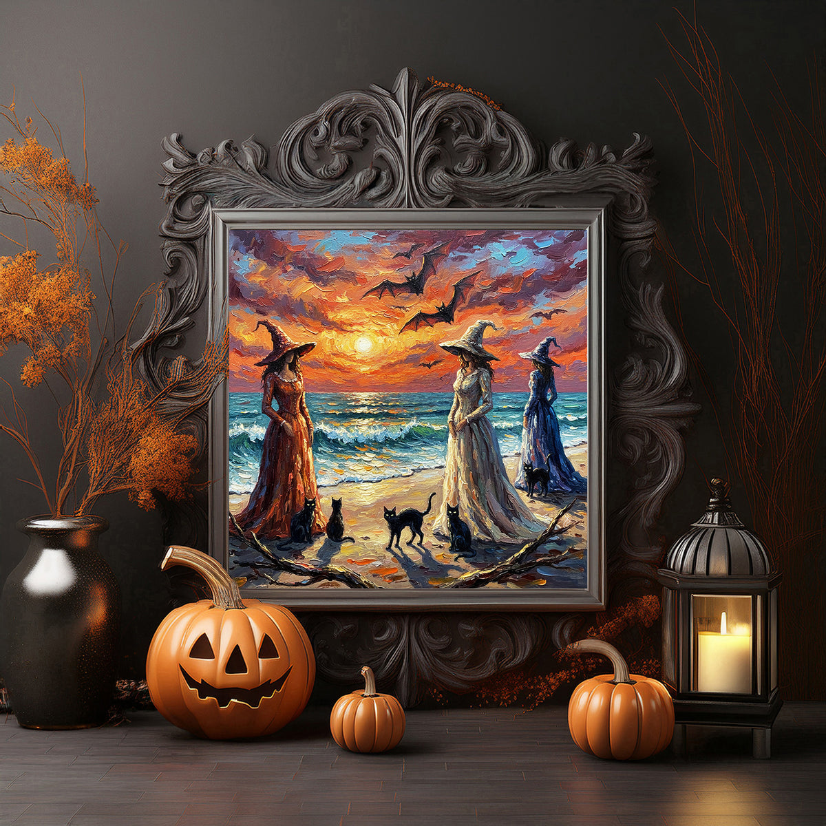 Florida Keys Halloween Witches Beach Ceramic Art Tile | Three Witches at Sunset