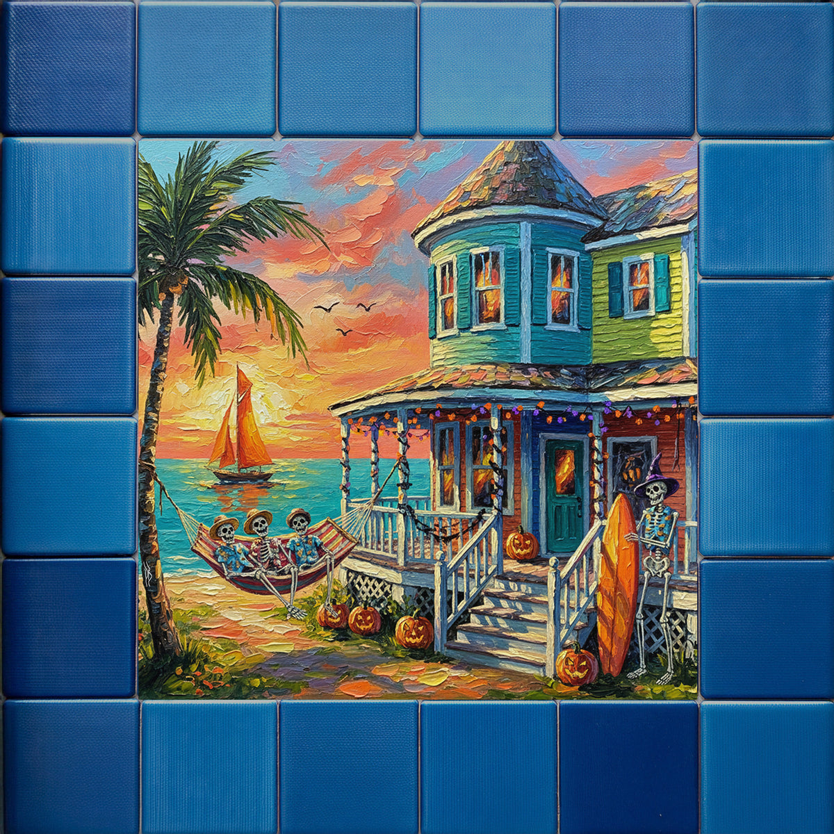 Key West Halloween Skeleton Beach Cottage Sunset | Ceramic Art Tile