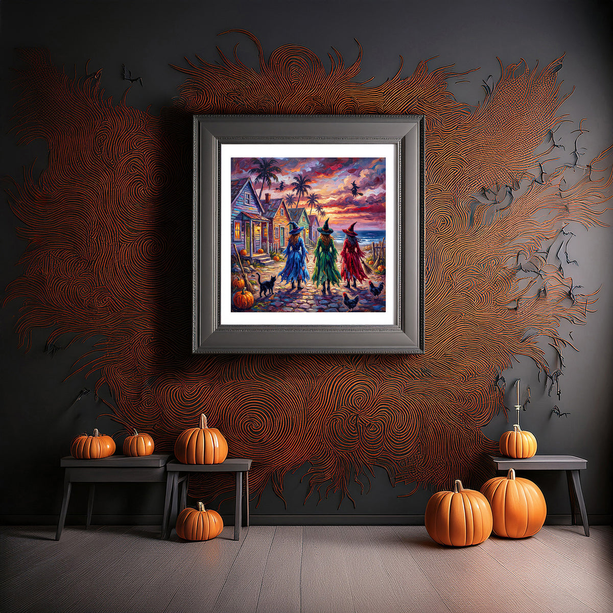 Key West Halloween Witches Stroll Ceramic Art Tile | Conch Houses & Flying Witches