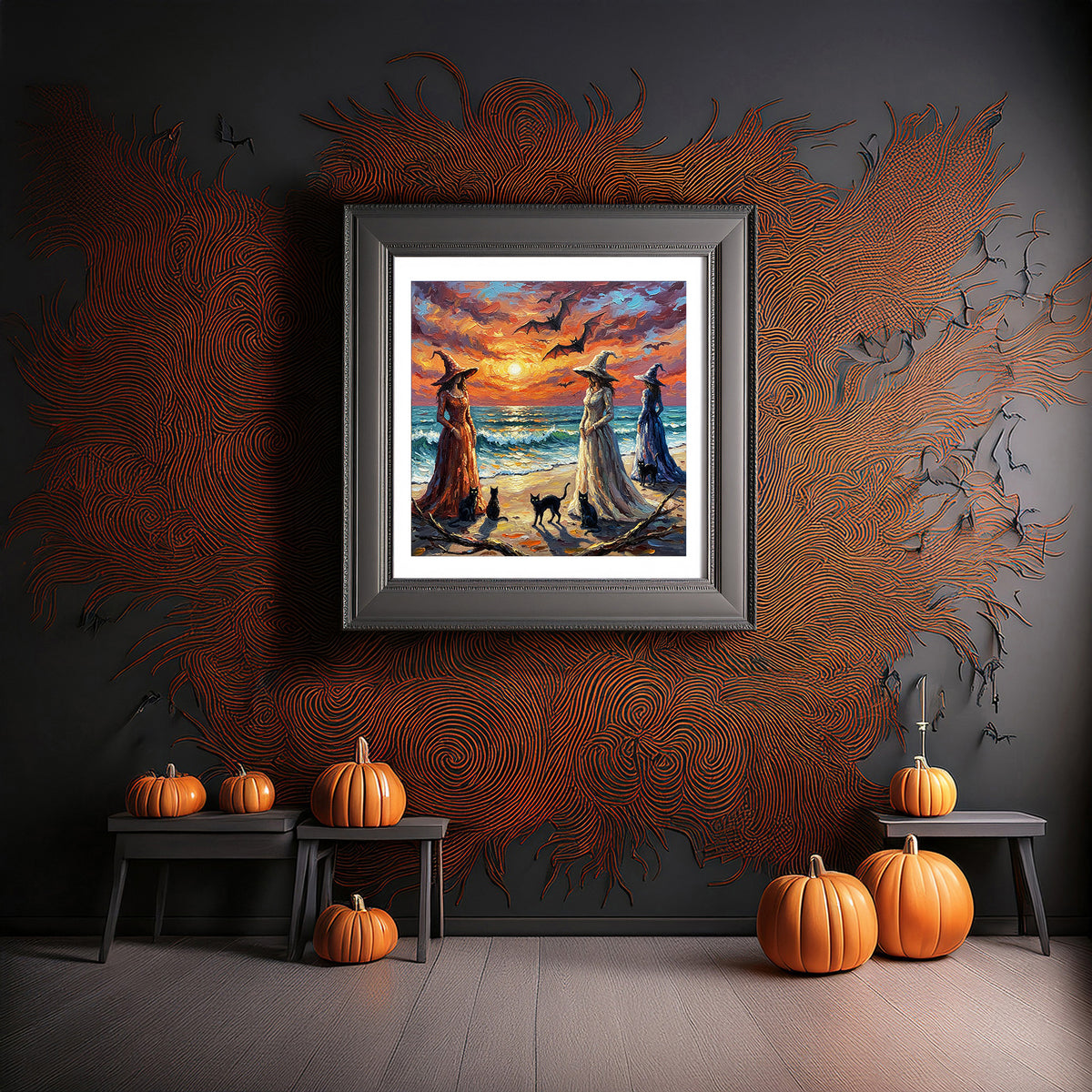 Florida Keys Halloween Witches Beach Ceramic Art Tile | Three Witches at Sunset