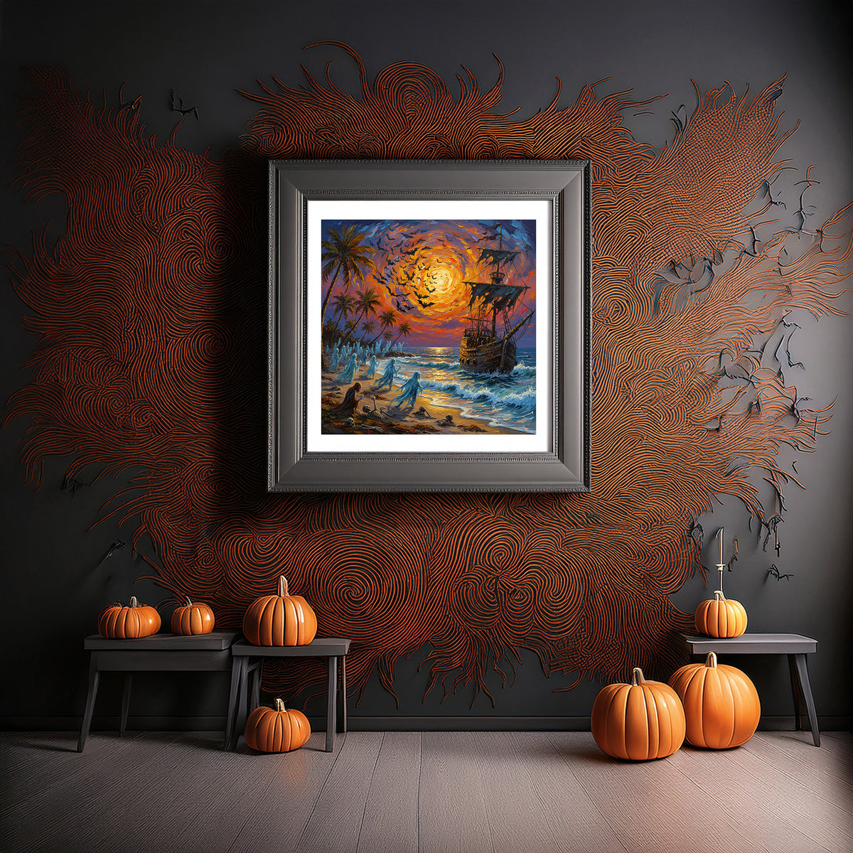 Florida Keys Halloween Beach Ceramic Art Tile | Ghost Ship & Haunted Shore