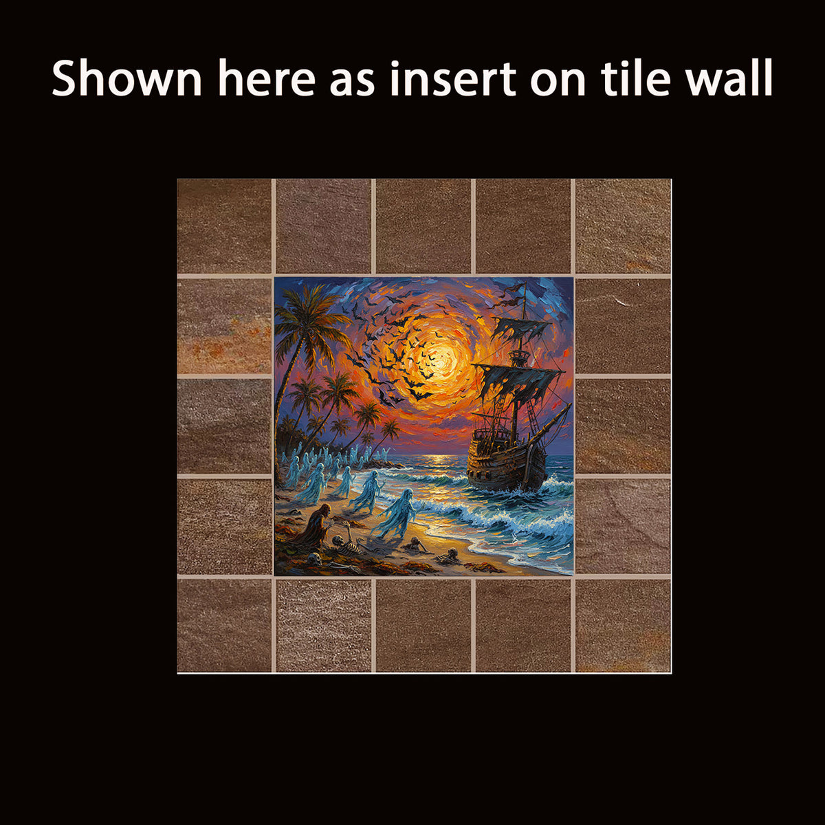 Florida Keys Halloween Beach Ceramic Art Tile | Ghost Ship & Haunted Shore