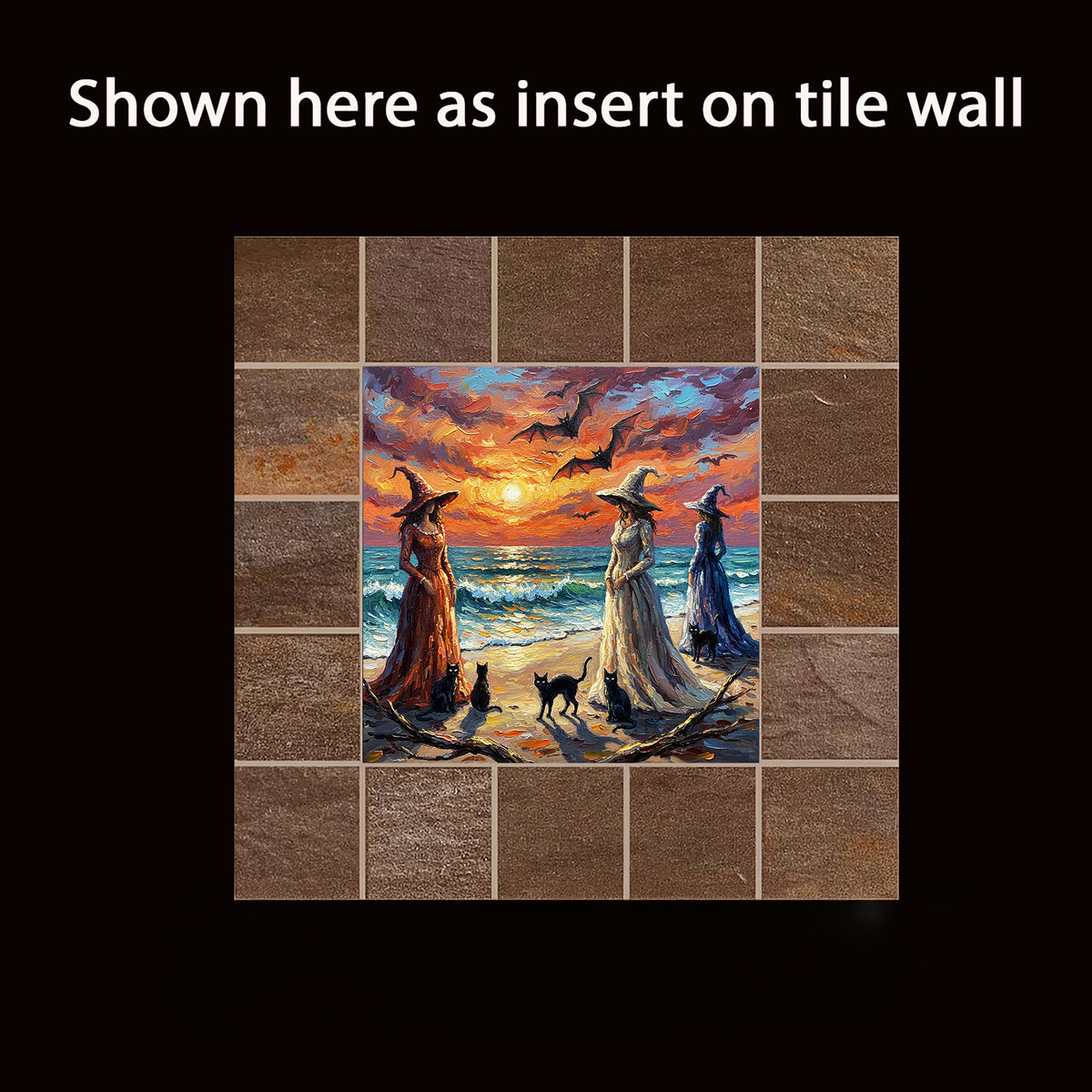 Florida Keys Halloween Witches Beach Ceramic Art Tile | Three Witches at Sunset
