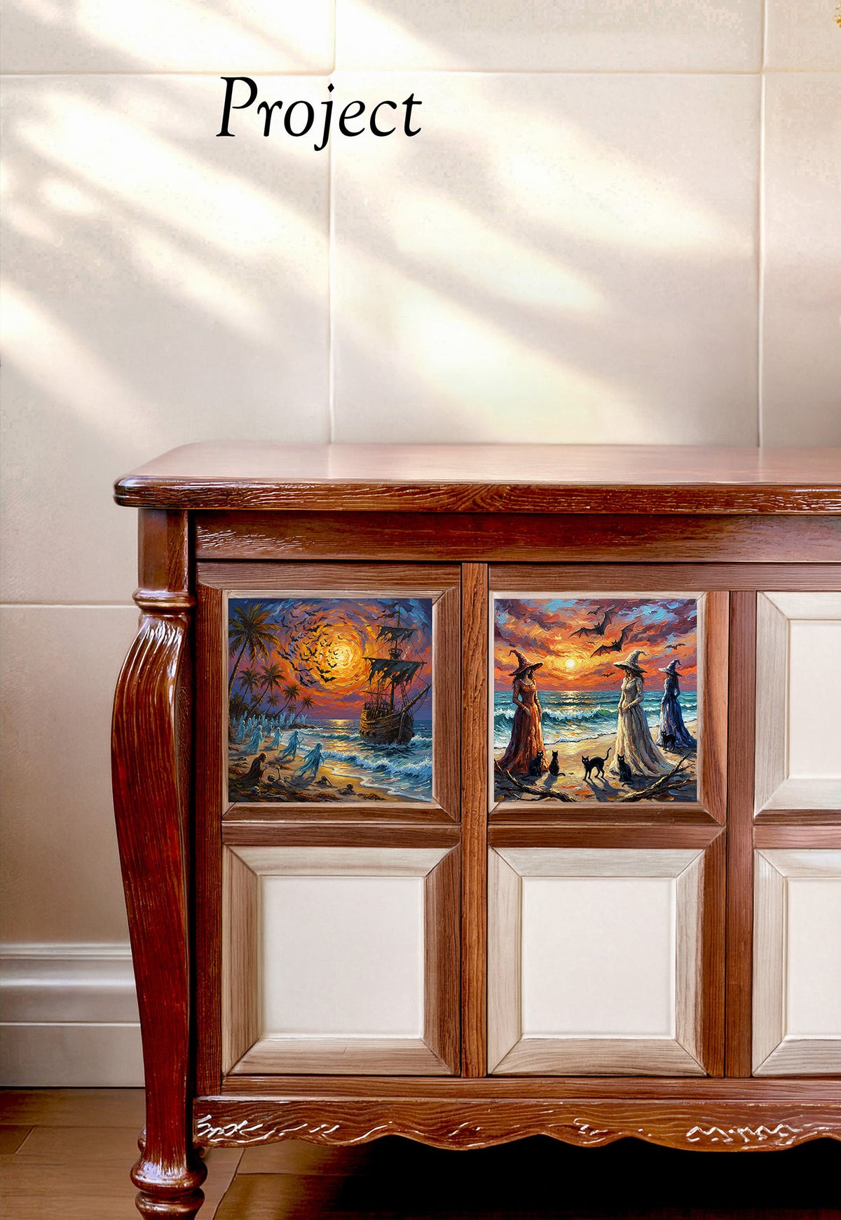 Florida Keys Halloween Witches Beach Ceramic Art Tile | Three Witches at Sunset